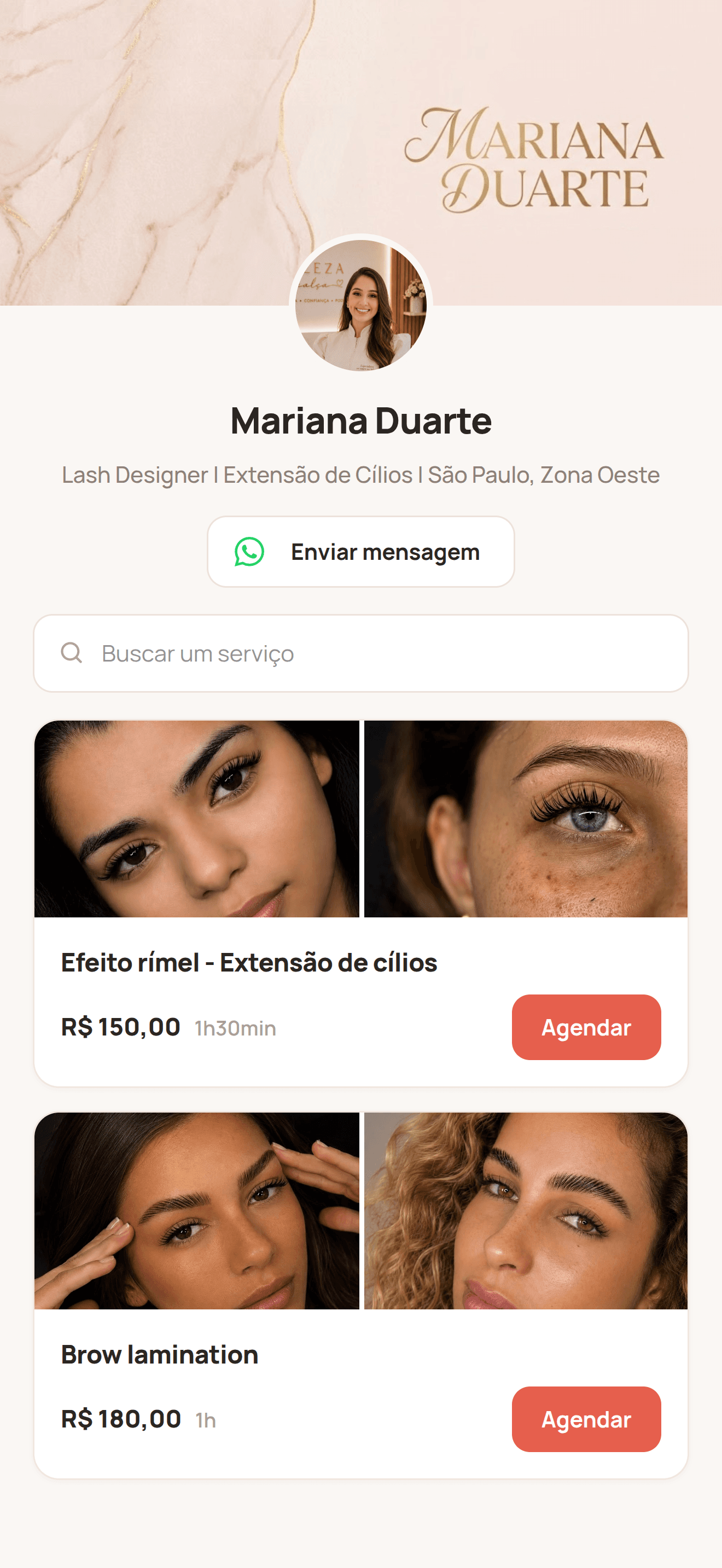 Página de agendamento de uma profissional na Kora